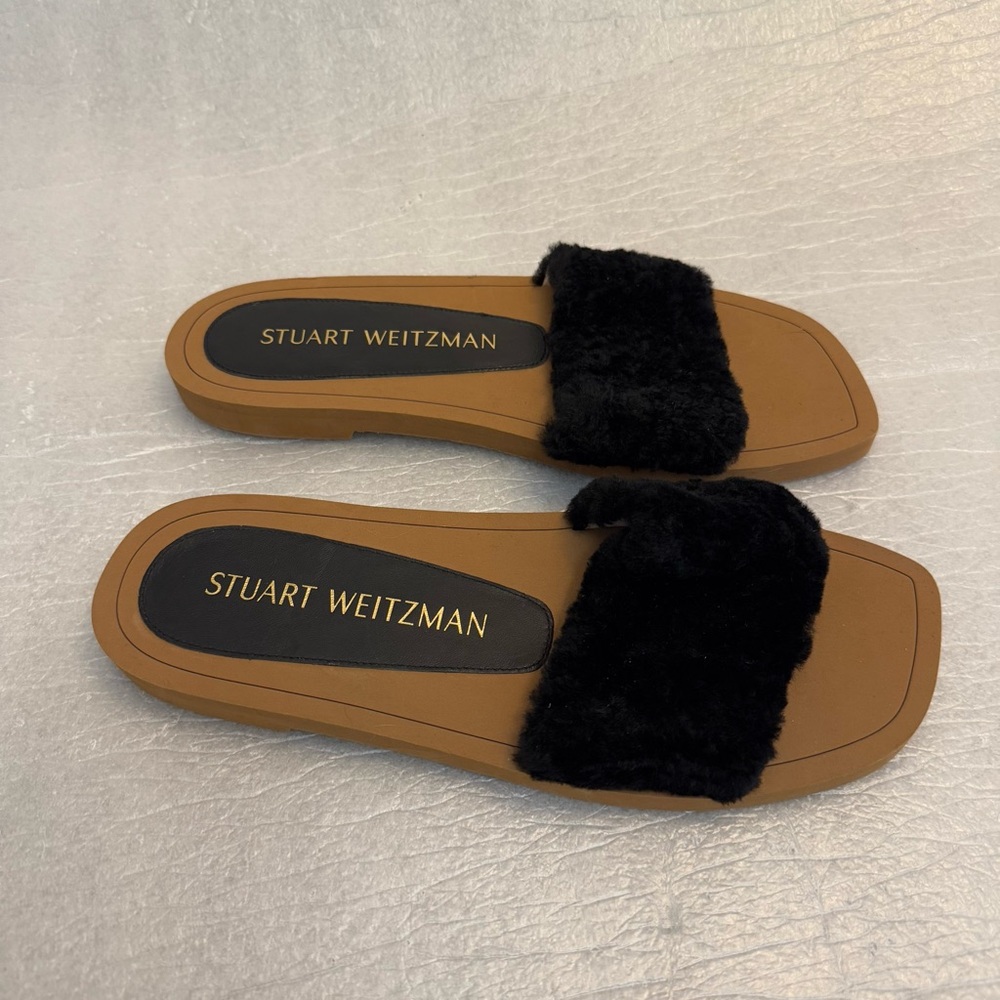 Stuart Weitzman Women's Cammy Shearling-Strap Slide Sandals Black EUR 40.5 US 10